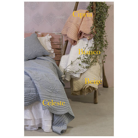 L'ATELIER 17 Boutis double bed, solid color quilt with 2 summer pillowcases in microfibre with "Lily" embossed flowers, Shabby Chic 260x260 cm 4 variants