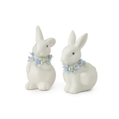 HERVIT Set 2 conigli in porcellana con fiori azzurri H 10 cm 27865