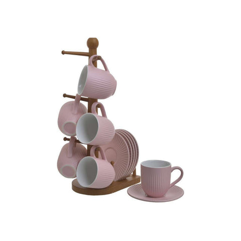 INART Set 6 purple coffee cups and saucers with wooden support 3-60-931-0177