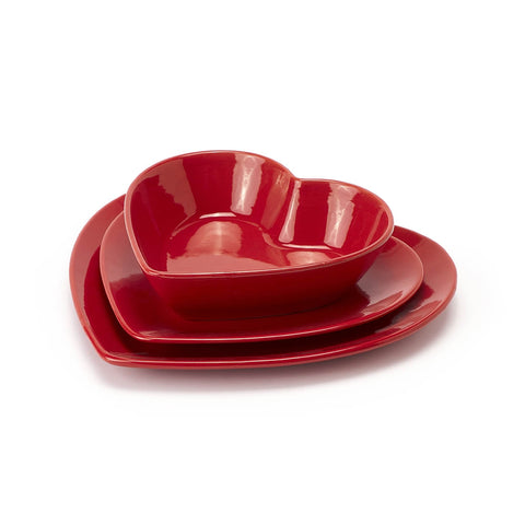 FABRIC CLOUDS Set de 18 assiettes en forme de coeur en porcelaine rouge pour 6 couverts