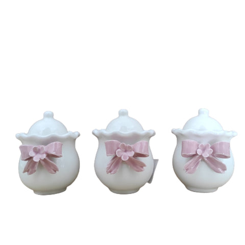 NALI' Tris of Capodimonte porcelain spice jars with pink bow 7x7cm LF02ROSA