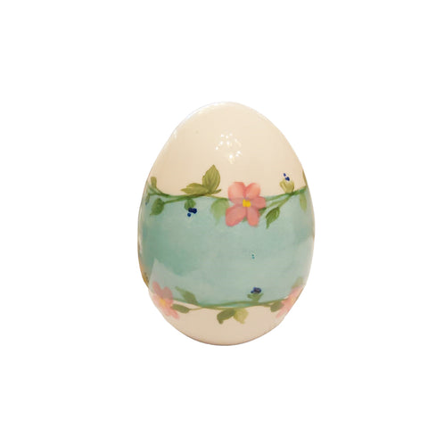 SBORDONE Uovo bianco e celeste con fiori dipinti artigianale in porcellana H10cm