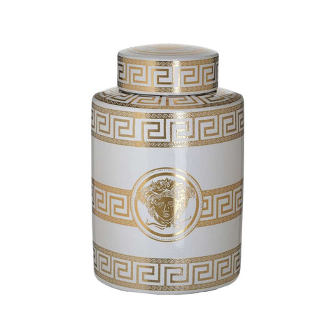 INART Decorative vase with lid in white and gold meamdro ceramic 18x18x27 cm