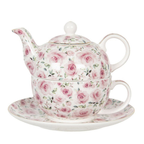 CLAYRE & EEF Set tazza teiera con piattino in porcellana con fiori rosa 16x10x14
