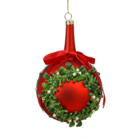 VETUR Decorazione natalizia pallina in vetro rosso con ghirlanda verde 10 cm