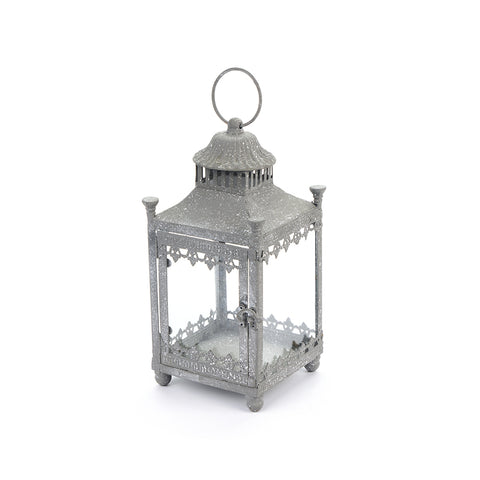 FABRIC CLOUDS Lantern candle holder with gray glass in aged effect metal with hook, Vintage Shabby Chic Camilla