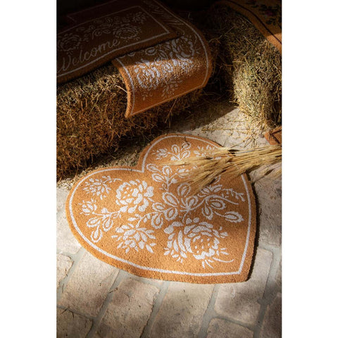 Blanc Mariclò Doormat heart-shaped entrance carpet in coconut with roses 70x70x3 cm