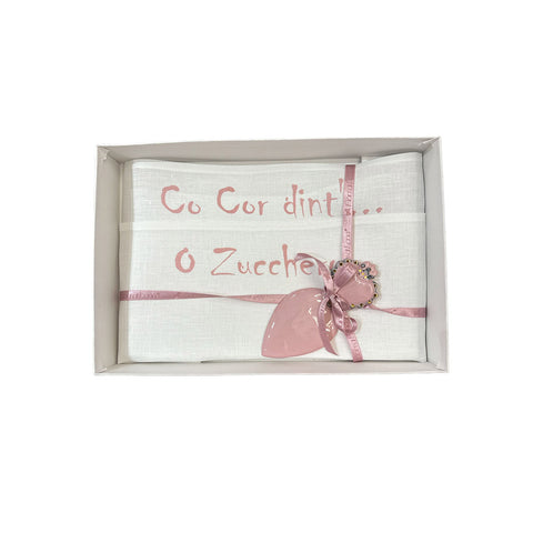 FIORI DI LENA Set 2 tovagliette in cotone con scritta in dialetto e paletta sacro cuore rosa con scatola made in italy H 50x31 cm