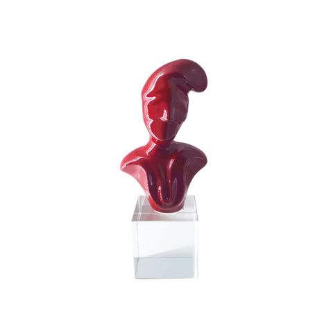 SHARON Grand décor de macareux en porcelaine rouge sur cube de cristal H30cm