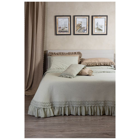 OPIFICIO DEI SOGNI White spring double quilt in cotton with san gallo lace and rouches, Made in Italy