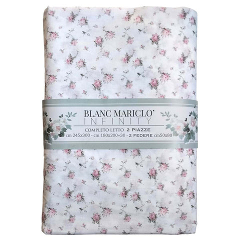 BLANC MARICLO' Completo lenzuola matrimoniale PRIMEROSE fiori bianco e rosa