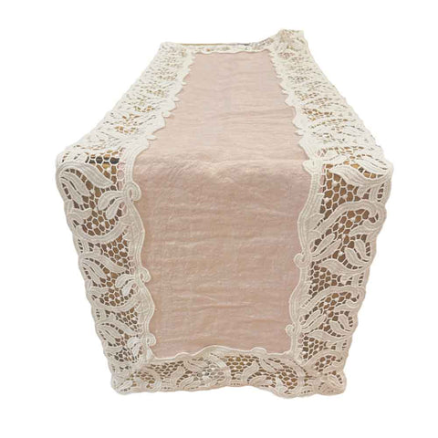 CHARME Pink table runner with white lace made in Italy 45x150 cm