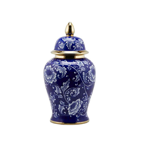 Vase EDG CHING motif fleuri en céramique bleue et détails or et blanc H 46 Ø 24 cm