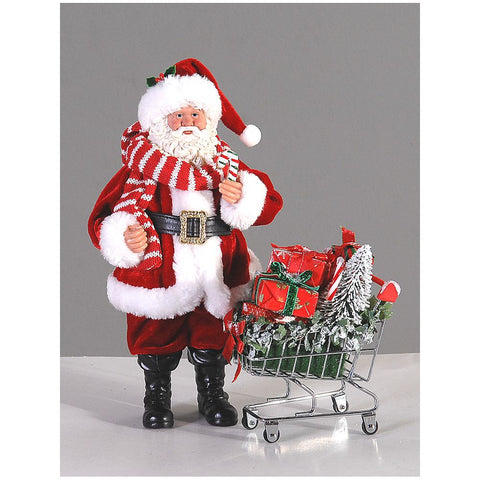 Figurine VETUR Père Noël avec écharpe et chariot avec cadeaux en résine et tissu H28 cm