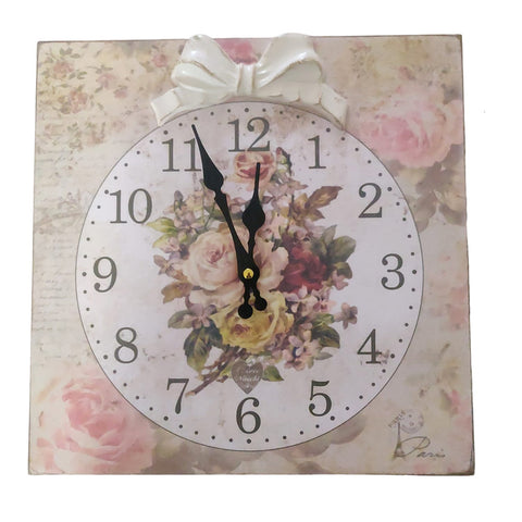 L'arte di Nacchi Square wall clock in mdf wood with embossed flowers and bow in wood pulp with antique effect made in Italy, Vintage Shabby Chic