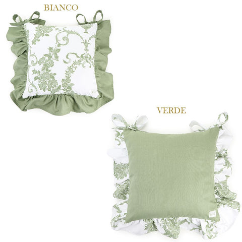 NUVOLE DI STOFFA Set due cuscini cucina bianco/verde coprisedia con balza e fiori Chloe 40x40+10 cm 2 varianti