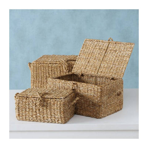 Boltze Rectangular Wicker Storage Basket, Storage Basket with Seagrass Wood Handles and Lid, 100% Natural Material "Sophy", Doho - Scandinavian 3 Variants