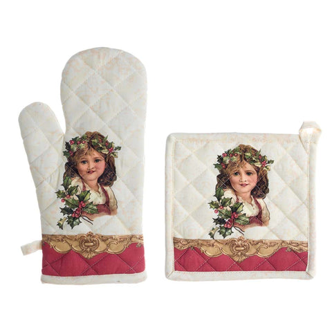 BLANC MARICLO' Christmas kitchen set glove and pot holder with cotton print