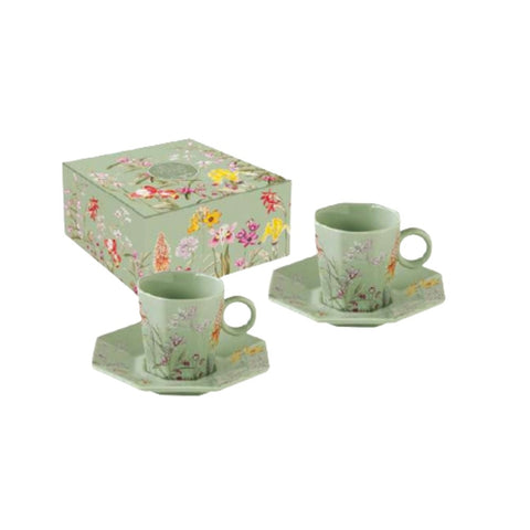 EASY LIFE Set 2 coffee cups with saucers EDEN green porcelain with flowers 120 ml