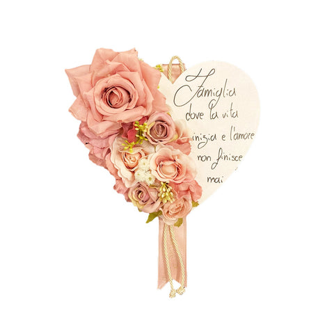 MATA CREATIONS Assiette Coeur en bois avec dédicace FAMILY avec fleurs roses 21x21 cm