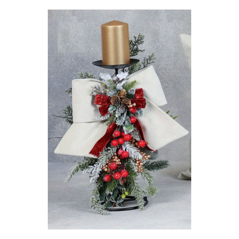 FIORI DI LENA Centrotavola portacandela natalizio con 1 Fiamma e fiocco in velluto H32 cm