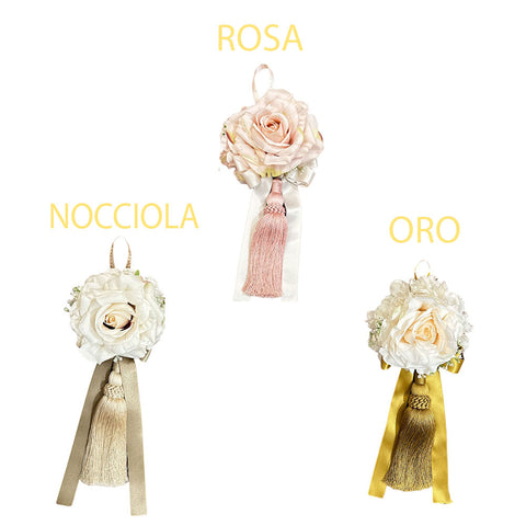FIORI DI LENA Pompon suspendu avec rose, petites roses, noeud noué et hortensia 3 variantes 100% Made in Italy H 19x32 cm