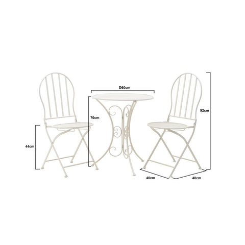 INART Ensemble table et deux chaises de jardin d'extérieur en métal / fer blanc / ivoire, vintage