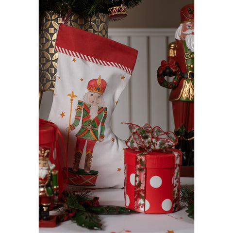 Clayre &amp; Eef Christmas decorations white Christmas stocking with nutcracker 30x1x40 cm