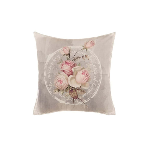 Coussin BLANC MARICLO' ROSE GARDEN fleurs gris tourterelle et roses 45x45