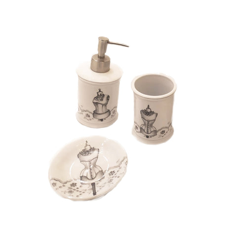 MATHILDE M Lot de 3 accessoires de salle de bain en céramique décor gris 18x11x8 cm