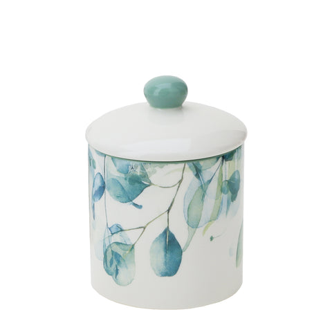 HERVIT Porcelain cookie jar with green Botanic floral decorations Ø12x16,5 cm