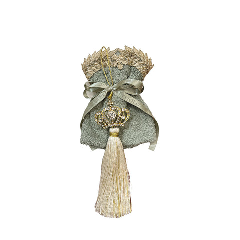 FIORI DI LENA Petit gant de toilette invité vert avec trinette, couronne et pompon crème et or L 30x30 cm