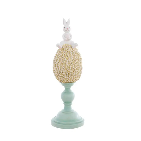 Blanc Mariclò Statuina decoro pasquale coniglio seduto su uovo floreale in resina con piedistallo h30 cm, Corelli Shabby Chic
