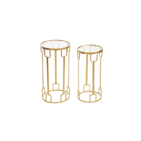 The art of Nacchi Pair of small coffee tables with gold wrought iron glass top