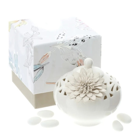 HERVIT Contenitore in Porcellana Traforata bianca con Fiore e Confetti Ø10x10cm