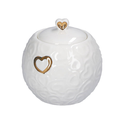 WHITE PORCELAIN Sugar bowl with lid VALENTINO white hearts gold 9x11cm
