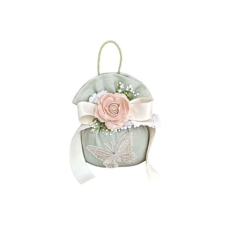 FIORI DI LENA Linen bag with Capodimonte porcelain rose, butterfly in lace and rhinestones wedding favor idea 100% made in Italy H 17 cm