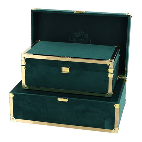 HERVIT Set of 2 boxes pair of trunks containers in wood and green and gold velvet