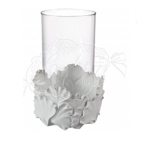 COCCOLE DI CASA Porta candela con foglie LEAVES resina bianco con vetro 14x22 cm