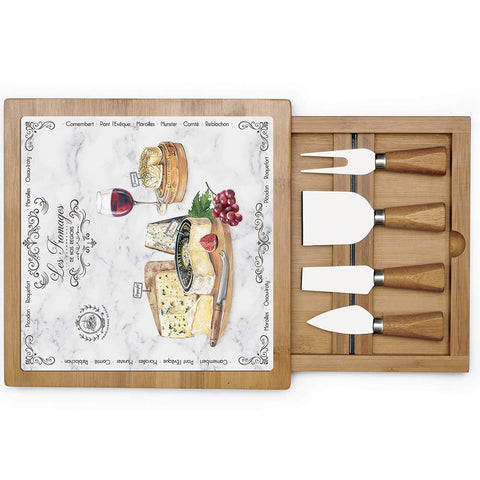 Easy Life Tagliere in bamboo con 4 coltelli vintage "Les Fromages"