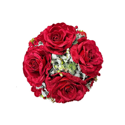 FIORI DI LENA Puffo velluto 4 rose vellutate fiocchi in nastri pino e bacche bianco Ø28 cm