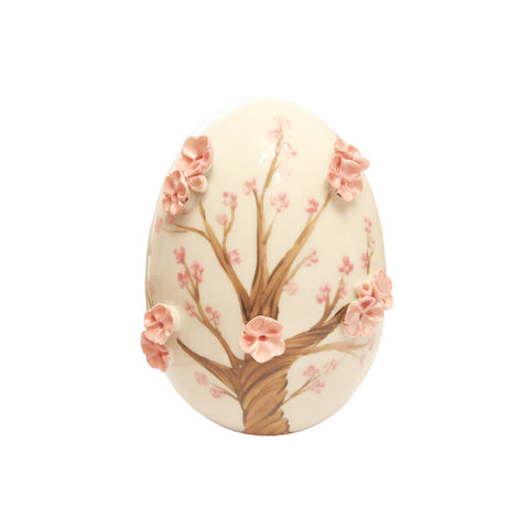 SBORDONE Uovo con albero di pesco artigianale decoro pasquale in porcellana h10 cm