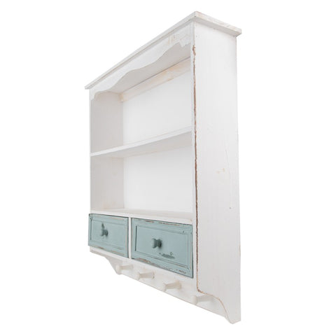 CLAYE &amp; EEF Shabby chic white and light blue wooden hanging plate rack with knobs and drawers 56x13x60 cm