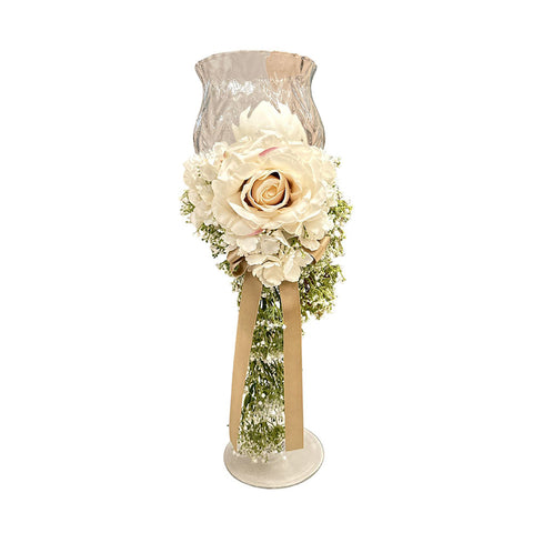 FIORI DI LENA Bougeoir en verre avec brume, rose et hortensia beige H 60 cm