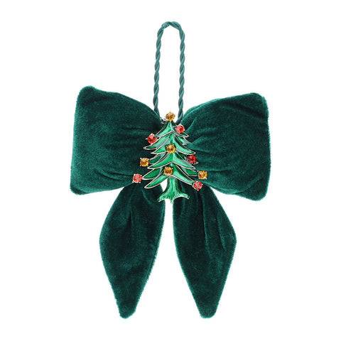 HERVIT Green velvet Christmas bow with tree brooch to hang 14x18 cm