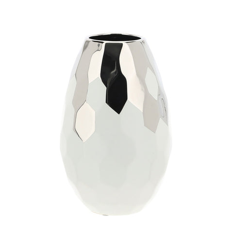 HERVIT Vase de table en grès blanc et argenté effet martelé 17x26 cm