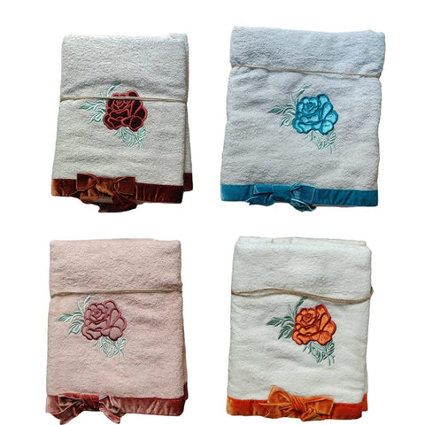 L'ATELIER 17 Lot de 2 serviettes de bain et d'invités en coton éponge avec rose et nœud, collection Shabby Chic "Velvet Rose" 6 variantes