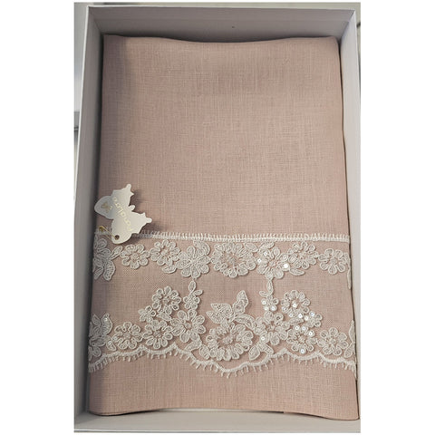 Lena Runner flowers in pink linen and white lace made in Italy 110x35 cm