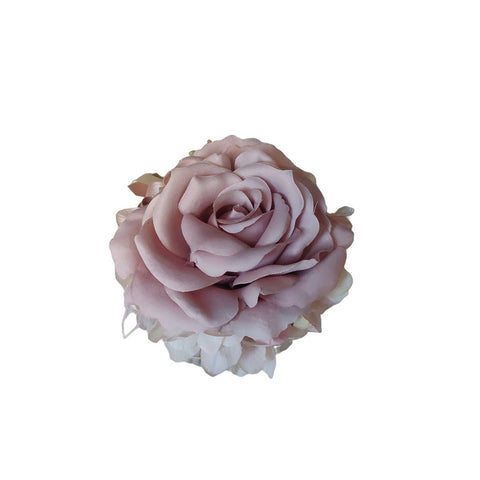 FIORI DI LENA Puffo Pouf in velluto avorio con rosa, ortensie e piume Ø11 H12 cm