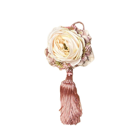 MATA CREATIONS Tassel with large peony floral decoration pink ivory cotton H25 cm